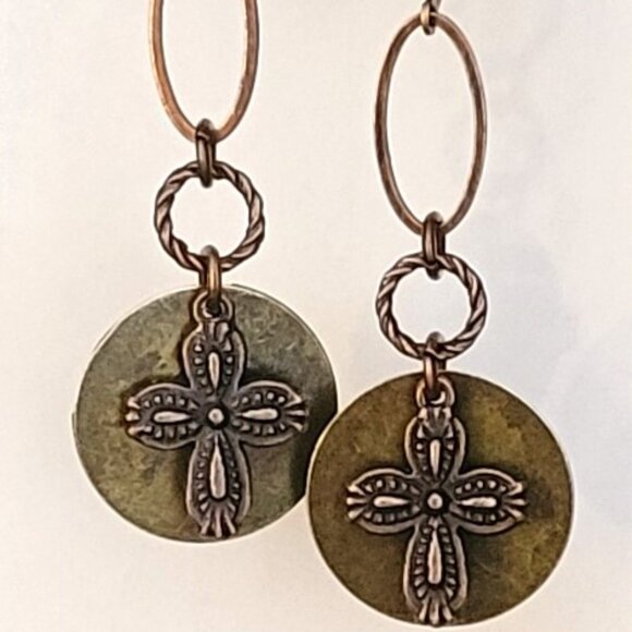 Beautiful Copper Bronze CROSS Charm Coin Lever Back Earrings Faith, Hope, Love - Picture 7 of 8